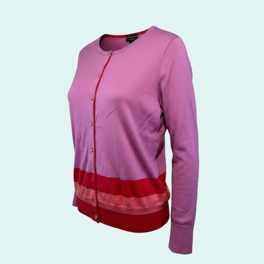 Lands End L Pink Colorblock Cardigan Sweater Classic Preppy